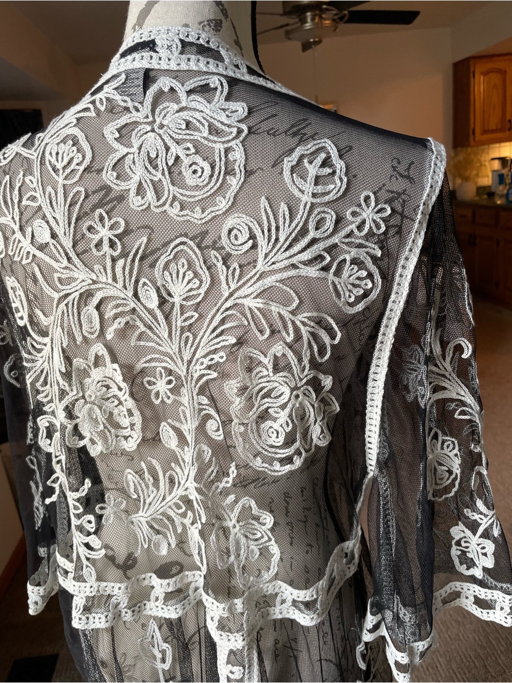 Rachel Zoe Black White Floral Embroidered Mesh Duster Robe Cover Up - OS
